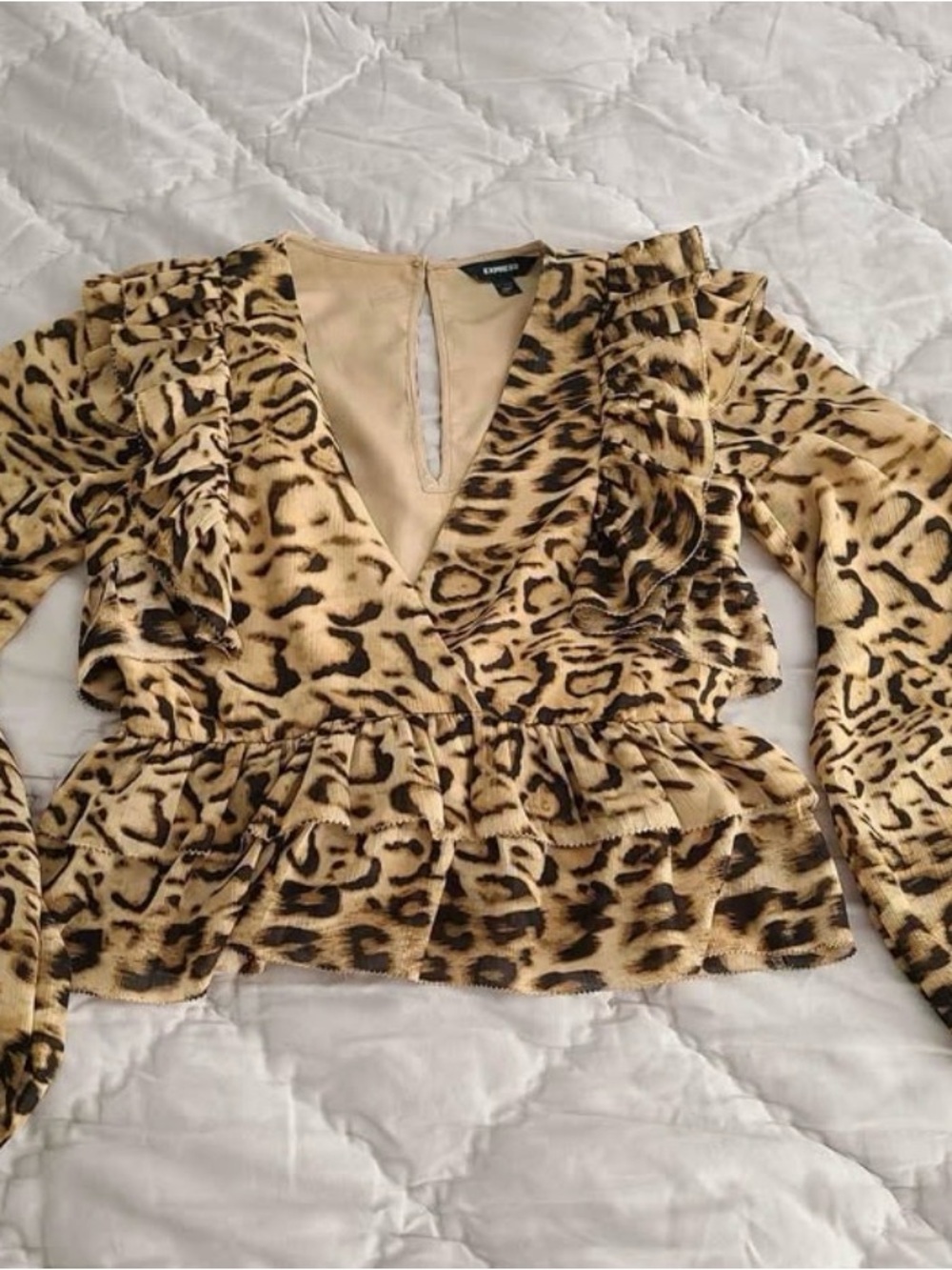 Express Leopard Print Ruffle V-Neck Peplum Top - Tan & Black